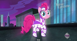 Size: 1151x607 | Tagged: safe, screencap, fili-second, pinkie pie, earth pony, pony, power ponies (episode), clothes, costume, first, hub logo, hubble, meme, power ponies, solo, the hub, youtube caption