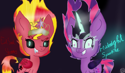 Size: 2220x1308 | Tagged: safe, midnight sparkle, sci-twi, sunset satan, sunset shimmer, twilight sparkle, pony, equestria girls, equestria girls ponified, female, mare, midnightsatan, ponified