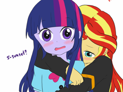 Size: 1280x960 | Tagged: safe, artist:nocturnalchen, sunset shimmer, twilight sparkle, equestria girls, blushing, cute, female, hug, lesbian, shimmerbetes, shipping, simple background, sunsetsparkle, twiabetes