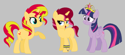 Size: 1060x468 | Tagged: safe, artist:cattynora, sunset shimmer, twilight sparkle, twilight sparkle (alicorn), oc, oc:shimmer, alicorn, pony, big crown thingy, family, female, jewelry, lesbian, magical lesbian spawn, next generation, offspring, parent:sunset shimmer, parent:twilight sparkle, parents:sunsetsparkle, regalia, shipping, simple background, sunsetsparkle