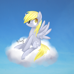 Size: 3520x3520 | Tagged: safe, artist:sannykat, derpy hooves, pegasus, pony, eyepatch, female, mare, sitting, sky, smiling, solo