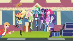 Size: 1920x1080 | Tagged: safe, derpibooru import, screencap, applejack, big macintosh, fluttershy, pinkie pie, rainbow dash, rarity, sci-twi, sunset shimmer, twilight sparkle, eqg summertime shorts, equestria girls, get the show on the road, balloon, boots, bowtie, bracelet, clothes, compression shorts, cowboy boots, denim skirt, drum kit, drums, eyes closed, glasses, high heel boots, humane five, humane seven, humane six, jacket, jewelry, leather jacket, looking at you, male, mane six, mary janes, musical instrument, raised leg, shoes, skirt, socks, thumbs up, wristband, yeah shot
