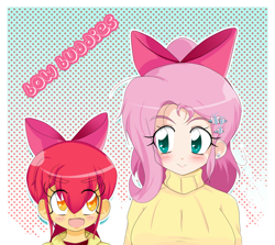 Size: 1500x1335 | Tagged: safe, artist:stalemeat, apple bloom, fluttershy, human, bow, clothes, humanized, light skin, sweater, sweatershy