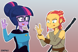 Size: 1000x667 | Tagged: safe, artist:empyu, sci-twi, sunset shimmer, twilight sparkle, equestria girls, alternate hairstyle, clothes, costume, female, glasses, implied lesbian, implied scitwishimmer, implied shipping, implied sunsetsparkle, live long and prosper, rey, smiling, staff, star trek, star wars, star wars: the force awakens, tongue out, vulcan salute