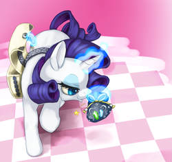 Size: 2383x2245 | Tagged: safe, artist:yutoraru, rarity, pony, unicorn, checkered floor, gem, lidded eyes, pixiv, saddle bag, solo