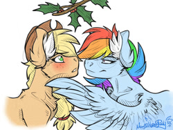 Size: 1600x1200 | Tagged: safe, artist:mimy92sonadow, derpibooru import, applejack, rainbow dash, earth pony, pegasus, pony, appledash, blushing, cowboy hat, female, hat, holly, holly mistaken for mistletoe, imminent kissing, lesbian, mare, multicolored hair, shipping, simple background, stetson, white background