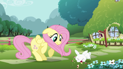 Size: 1920x1080 | Tagged: safe, screencap, angel bunny, discord, fluttershy, pegasus, pony, season 4, apple, eating, fluttershy's cottage, intro, opening, title sequence, window