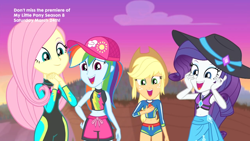 Size: 1366x768 | Tagged: safe, derpibooru import, screencap, applejack, fluttershy, rainbow dash, rarity, aww... baby turtles, better together, equestria girls, belly button, clothes, curvy, hat, hips, midriff, shorts, swimsuit, wetsuit