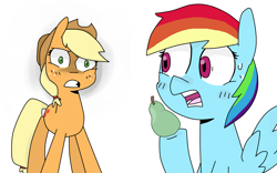 Size: 5760x3600 | Tagged: safe, artist:meowing-ghost, derpibooru import, applejack, rainbow dash, earth pony, pegasus, pony, angry, glare, gritted teeth, heresy, hilarious in hindsight, open mouth, pear, simple background, sweatdrop, that pony sure does hate pears, white background, wide eyes