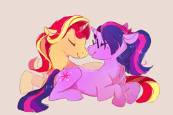 Size: 750x500 | Tagged: safe, artist:azuredoodles, sci-twi, sunset shimmer, twilight sparkle, pony, unicorn, series:sciset diary, equestria girls, boop, cute, equestria girls ponified, female, lesbian, noseboop, ponified, scitwishimmer, shimmerbetes, shipping, sunsetsparkle, twiabetes, wingless