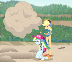 Size: 875x752 | Tagged: safe, derpibooru import, screencap, applejack, rainbow dash, better together, equestria girls, animation error, beach, clothes, hat, legs, sandals, swimsuit