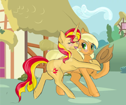 Size: 1024x853 | Tagged: safe, artist:uniquecolorchaos, applejack, sunset shimmer, earth pony, pony, blushing, happy, hug, story in the source, watermark