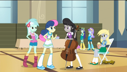 Size: 1920x1080 | Tagged: safe, screencap, aqua blossom, blueberry cake, bon bon, derpy hooves, lyra heartstrings, octavia melody, sweetie drops, equestria girls, rainbow rocks, background human, bon bon is not amused, popcorn