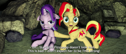 Size: 3840x1646 | Tagged: safe, artist:tehwatever, starlight glimmer, sunset shimmer, pony, unicorn, 3d, duo, female, fight, gmod, implied tempest shadow, injured, mare, open mouth, scratches, sweat