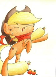 Size: 696x960 | Tagged: safe, artist:getchanoodlewet, applejack, earth pony, pony, apple, clothes, eyes closed, food, rearing, scarf, solo, traditional art