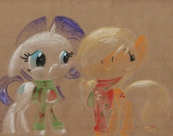 Size: 1143x896 | Tagged: safe, artist:getchanoodlewet, applejack, rarity, earth pony, pony, unicorn, clothes, traditional art