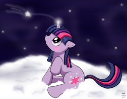 Size: 2215x1728 | Tagged: safe, artist:tattikat, derpibooru import, twilight sparkle, blushing, cloud, filly, magic, sitting, solo, stars