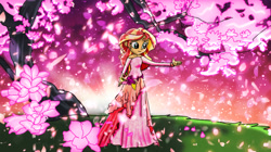 Size: 1276x715 | Tagged: safe, artist:sarahmyriacarter, sunset shimmer, equestria girls, beautiful, clothes, dress, female, flower, pink, scenery, solo, tree