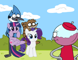 Size: 900x700 | Tagged: safe, artist:thewardenx3, derpibooru import, rarity, twilight sparkle, pony, unicorn, :t, benson, crossover, frown, glare, holding a pony, mordecai, mordecai and rigby, open mouth, reference, regular show, ride, rider, riding, rigby, underhoof, wide eyes