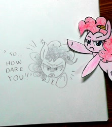 Size: 723x817 | Tagged: safe, artist:danadyu, pinkie pie, earth pony, pony, female, jumped-out-pinkieanswers, mare, pink coat, solo