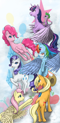 Size: 1400x2850 | Tagged: safe, artist:novaquinmat, derpibooru import, applejack, fluttershy, pinkie pie, rainbow dash, rarity, spike, twilight sparkle, twilight sparkle (alicorn), alicorn, dragon, earth pony, pegasus, pony, unicorn, action poster, female, mane seven, mane six, mare