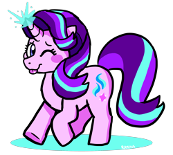 Size: 2090x1872 | Tagged: safe, artist:raystar-draws, starlight glimmer, pony, unicorn, glowing horn, kidcore, one eye closed, solo, tongue out