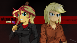 Size: 2560x1440 | Tagged: safe, artist:ngrycritic, applejack, sunset shimmer, bat, equestria girls, amc, barbed wire, clothes, cosplay, costume, crossover, evil grin, grin, hatless, looking at you, lucille, missing accessory, negan, negan shimmer, rick grimes, smiling, the walking dead, uotapo-ish