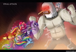 Size: 1280x877 | Tagged: safe, artist:the-butch-x, derpibooru import, applejack, fluttershy, pinkie pie, rainbow dash, rarity, twilight sparkle, twilight sparkle (alicorn), alicorn, earth pony, pegasus, pony, unicorn, crossover, female, mare, mecha duck, mordecai, mordecai and rigby, rainbow power, regular show, rigby