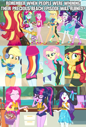 Size: 2043x3011 | Tagged: safe, derpibooru import, screencap, applejack, fluttershy, pinkie pie, rainbow dash, rarity, sci-twi, spike, spike the regular dog, sunset shimmer, twilight sparkle, dog, aww... baby turtles, better together, equestria girls, forgotten friendship, lost and found, the salty sails, too hot to handle, unsolved selfie mysteries, adorasexy, beach, belly button, bikini, cap, clothes, cropped, cute, diving goggles, diving suit, feet, female, geode of fauna, geode of shielding, geode of sugar bombs, geode of super speed, geode of super strength, geode of telekinesis, hat, headphones, hilarious in hindsight, hips, image macro, jackabetes, looking back, magical geodes, meme, midriff, rainbutt dash, rear view, sandals, sexy, shimmerbetes, shorts, shovel, shyabetes, snorkel, sun hat, swimming trunks, swimsuit, thighs, wet hair, wetsuit