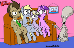 Size: 1280x822 | Tagged: safe, artist:anibaruthecat, edit, amethyst star, derpy hooves, dinky hooves, doctor whooves, sparkler, pegasus, pony, american dad, crossover, female, mare, parody, roger smith, the simpsons, whooves family