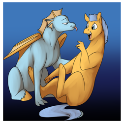 Size: 1000x1000 | Tagged: safe, artist:foxenawolf, oc, oc only, oc:eon, oc:era, dragon, hybrid, pony, fanfic:quantum gallop, duo, fanfic art, tongue out, twins, wings