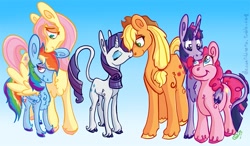 Size: 1125x656 | Tagged: safe, artist:jennatoldmeto, derpibooru import, applejack, fluttershy, pinkie pie, rainbow dash, rarity, twilight sparkle, classical unicorn, earth pony, pegasus, pony, unicorn, diverse body types, female, flutterdash, leonine tail, lesbian, mane six, rarijack, shipping, twinkie