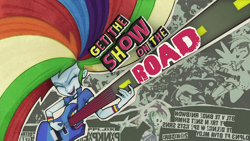 Size: 1920x1080 | Tagged: safe, derpibooru import, screencap, rainbow dash, eqg summertime shorts, equestria girls, get the show on the road, awesome, guitar, hair flip, text, title card