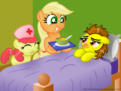 Size: 1024x772 | Tagged: safe, artist:aleximusprime, apple bloom, applejack, oc, oc:terra, earth pony, pony, adorabloom, askthesixelementals, bed, cute, earth, mouth hold, nurse, sick, soup, thermometer