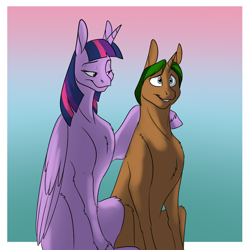 Size: 1000x1000 | Tagged: safe, artist:foxenawolf, twilight sparkle, twilight sparkle (alicorn), oc, oc:forest breeze, alicorn, pony, unicorn, fanfic:quantum gallop, duo, fanfic, fanfic art, height difference, size difference