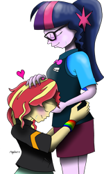 Size: 1149x1920 | Tagged: safe, artist:missmayaleanne, sci-twi, sunset shimmer, twilight sparkle, series:sciset diary, equestria girls, blushing, bowtie, bracelet, breasts, clothes, crying, eyes closed, female, gift art, glasses, happy, hug, jacket, jewelry, kneeling, leather jacket, lesbian, magical lesbian spawn, offspring, ponytail, pregnant, scitwishimmer, shipping, simple background, smiling, sunsetsparkle, tears of joy, transparent background, wristband