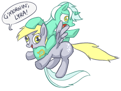 Size: 670x500 | Tagged: safe, derpy hooves, lyra heartstrings, pegasus, pony, artifact, dialogue, female, flying, mare, open mouth, ponies riding ponies, riding, simple background, speech bubble, transparent background