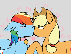 Size: 1024x774 | Tagged: safe, artist:angel-light123, derpibooru import, applejack, rainbow dash, earth pony, pegasus, pony, appledash, blushing, collar, eyes closed, female, heart, lesbian, shipping