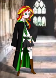 Size: 2480x3472 | Tagged: safe, artist:anelarya, sunset shimmer, equestria girls, boots, clothes, crossover, female, garters, harry potter, human coloration, shoes, skirt, slytherin, solo