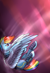 Size: 1812x2600 | Tagged: safe, artist:not-ordinary-pony, derpibooru import, rainbow dash, pegasus, pony, alternate timeline, amputee, apocalypse dash, augmented, bodysuit, clothes, combat armor, crystal war timeline, falling, female, mare, prosthetic limb, prosthetic wing, prosthetics, sad, solo