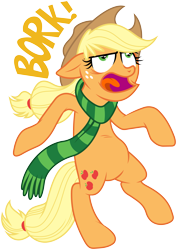 Size: 4259x6000 | Tagged: safe, artist:masem, idw, applejack, earth pony, pony, absurd resolution, bipedal, bork, clothes, floppy ears, open mouth, palindrome get, scarf, silly, silly pony, simple background, solo, tongue out, transparent background, vector, who's a silly pony