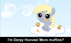 Size: 1600x973 | Tagged: safe, derpy hooves, pegasus, pony, baby, baby pony, bronybait, caption, chibi, cloud, cs captions, cute, derpabetes, diaper, filly, foal, muffin