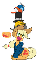 Size: 1000x1500 | Tagged: safe, artist:reiduran, applejack, earth pony, pony, applejack's hat, baseball cap, beanie, clothes, cute, female, flanderization, hard hat, hat, hatception, hoodie, jackabetes, mare, pile, silly, silly pony, simple background, sitting, solo, speech bubble, team fortress 2, top hat, towering pillar of hats, who's a silly pony, y'all