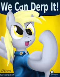 Size: 1000x1294 | Tagged: safe, artist:041744, derpy hooves, pegasus, pony, female, mare, parody, propaganda, rosie the riveter, solo