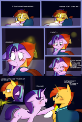 Size: 1200x1800 | Tagged: safe, artist:zouyugi, starlight glimmer, sunburst, pony, unicorn, comic:confession, blushing, comic, dialogue, hug, laughing