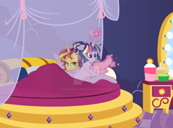 Size: 1024x763 | Tagged: safe, artist:uniquecolorchaos, sunset shimmer, twilight sparkle, twilight sparkle (alicorn), alicorn, pony, blanket, female, lesbian, magic, mare, shipping, sunsetsparkle, watermark