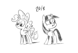 Size: 1084x737 | Tagged: safe, artist:burrburro, derpibooru import, pinkie pie, twilight sparkle, earth pony, pony, monochrome, sketch