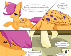 Size: 1261x988 | Tagged: safe, artist:eeveepikachuchan, pinkie pie, pound cake, scootaloo, pegasus, pony, adult, comic, crying, feels, older, sad, sick, text