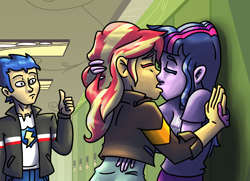 Size: 2400x1740 | Tagged: safe, artist:rawrienstein, flash sentry, sci-twi, sunset shimmer, twilight sparkle, equestria girls, female, kissing, lesbian, scitwishimmer, shipping, sunsetsparkle, thumbs up