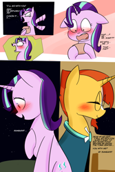 Size: 1200x1800 | Tagged: safe, artist:zouyugi, starlight glimmer, sunburst, pony, unicorn, comic:confession, angry, blushing, comic, dialogue, letter, smiling